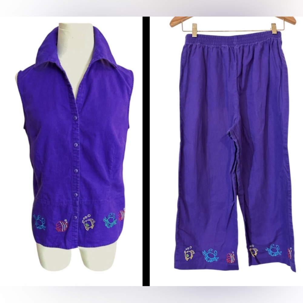 Vintage 80’s Miss Dorby Purple 2 pc Sleeveless Shirt & Capris Fish/ Crab  Sz 8p‎
